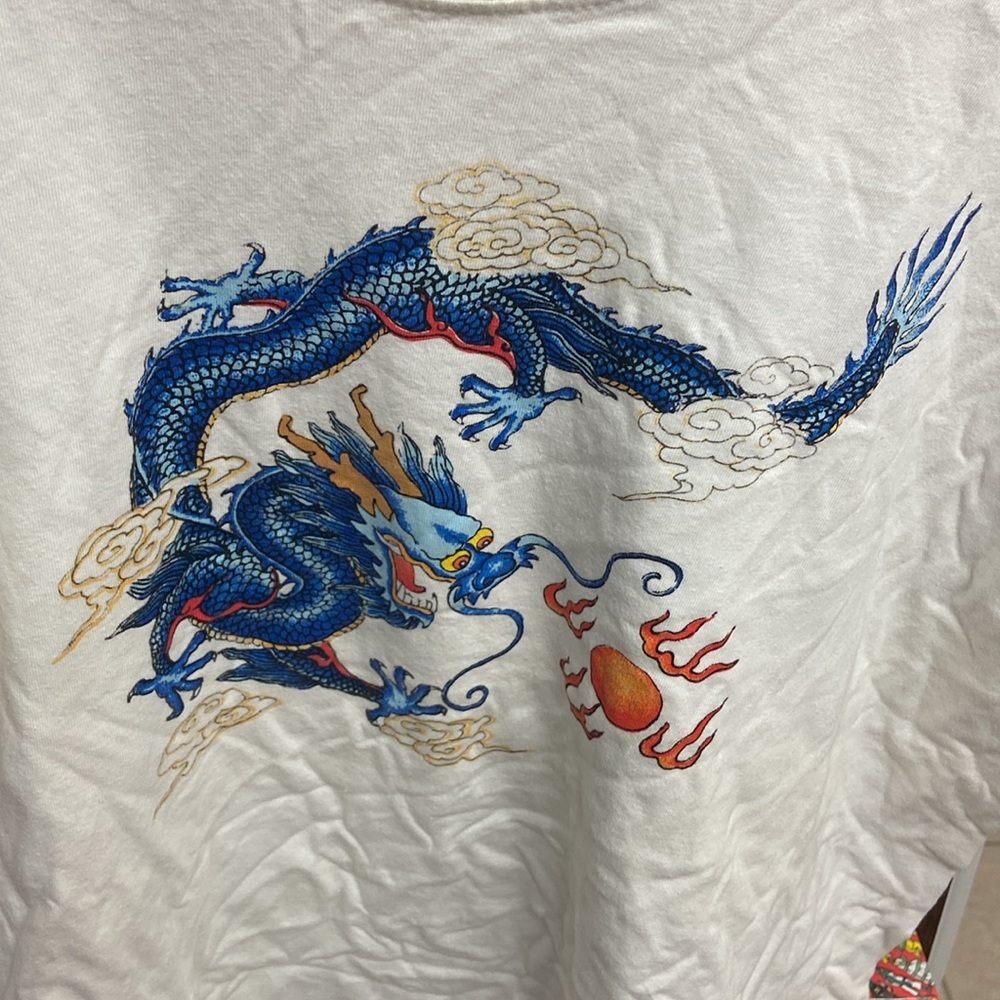 White Graphic T-Shirt with Blue Dragon Design - Picture 2 of 4
